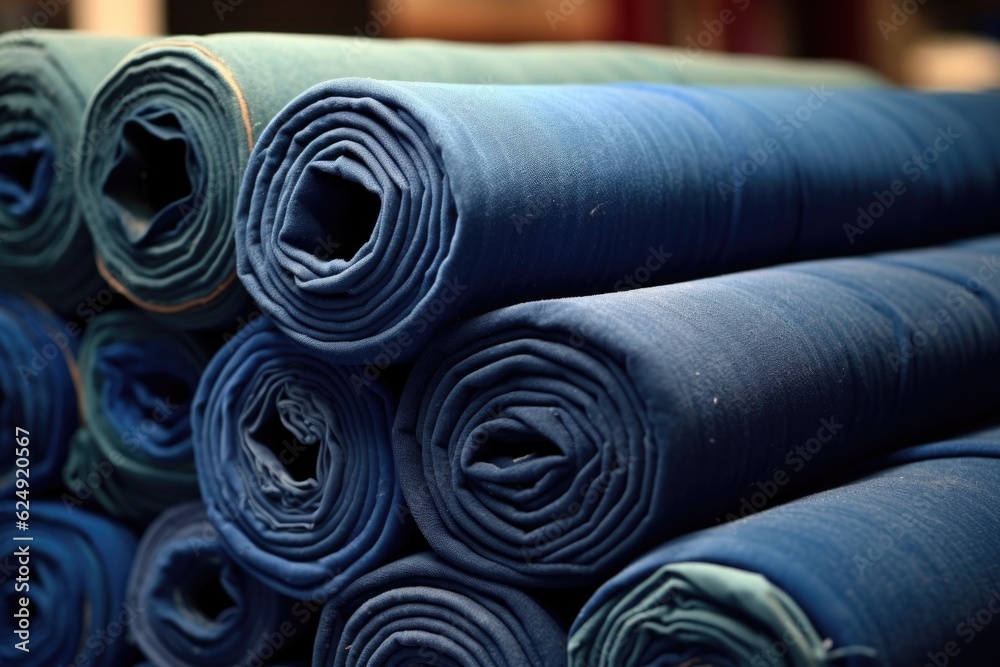 Poster rolls of denim fabric ready for production, created with generative ai