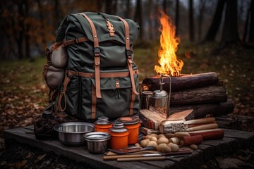 hiking backpack near a campfire with cooking gear, created with generative ai