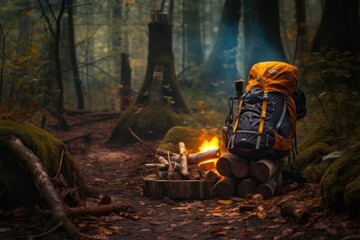 Fototapeta na wymiar hiking backpack near a campfire in the woods, created with generative ai
