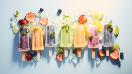 Cooling Summer Popsicles in Vibrant Colors with Fruits and Flowers on Light and Bright Pastel Backgrounds - Fruit Ice Cream in Multi-Colored Flavors Evoking the Spirit of Summertime - Generative AI