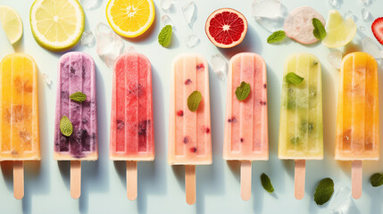Cooling Summer Popsicles in Vibrant Colors with Fruits and Flowers on Light and Bright Pastel Backgrounds - Fruit Ice Cream in Multi-Colored Flavors Evoking the Spirit of Summertime - Generative AI