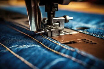 Fototapeta na wymiar close-up of sewing machine stitching denim fabric, created with generative ai