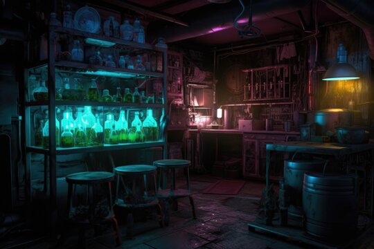 glowing neon chemical elements in a dark laboratory setting, created with generative ai