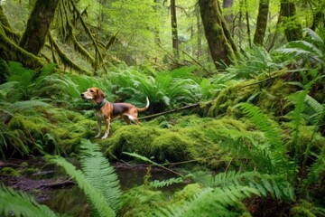 beagle sniffing ground in lush green forest, created with generative ai