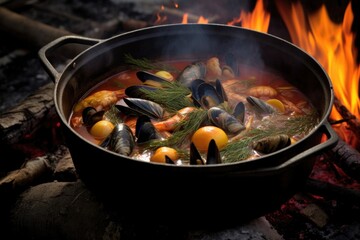 stirring cioppino with a wooden spoon on campfire, created with generative ai