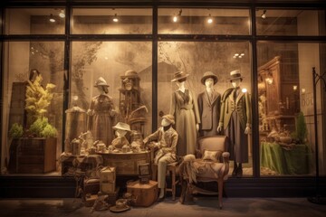 vintage-inspired window display with mannequins in timeless fashion, created with generative ai