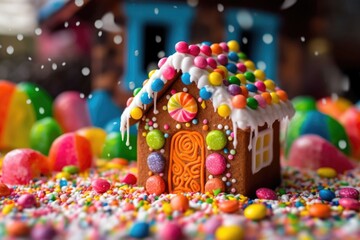 close-up of gingerbread house with colorful candy decorations, created with generative ai