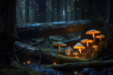 glowing fungi on fallen logs in a dark forest, created with generative ai