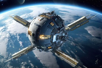 Obraz na płótnie Canvas futuristic space station orbiting earth, created with generative ai