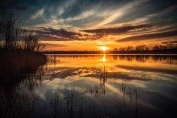 serene lake, with reflections of the sun setting over the water, and clouds in the sky, created with generative ai