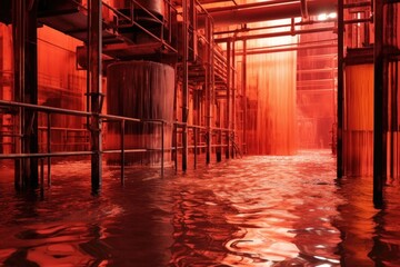 red-hot metal bars cooling in water at a mill, created with generative ai