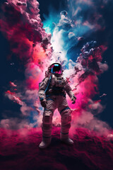 Fototapeta premium Astronaut in the front of colorful pink and blue clouds
