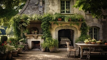 Obraz premium an Exterior of a quaint French Chateau, country living, and Architectural-themed image as a JPG horizontal format.Generative AI