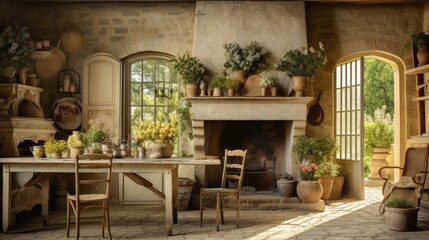 Fototapeta na wymiar an Interior of a quaint French Chateau, country living, and interior Decor-themed image as a JPG horizontal format.Generative AI