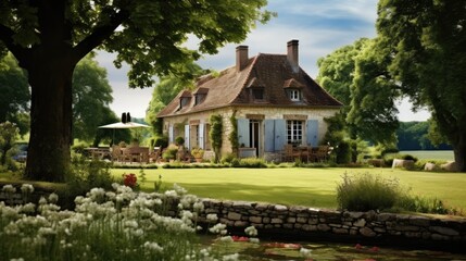 Fototapeta na wymiar an Exterior of a quaint French Chateau, country living, and Architectural-themed image as a JPG horizontal format.Generative AI