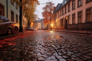 Obraz premium puddles on cobblestones after a night rain at dawn, created with generative ai