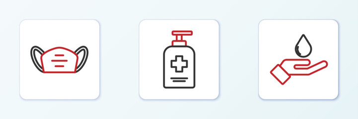 Set line Washing hands with soap, Medical protective mask and Liquid antibacterial icon. Vector