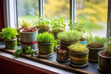 microgreens growing in recycled tin cans on windowsill, created with generative ai