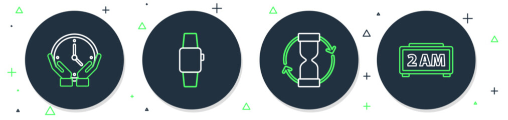 Set line Smartwatch, Old hourglass, Clock and Digital alarm clock icon. Vector