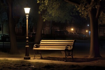 Fototapeta na wymiar lit-up park bench under a streetlamp, created with generative ai