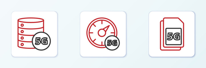 Fototapeta na wymiar Set line 5G Sim Card, Server network and Digital speed meter icon. Vector