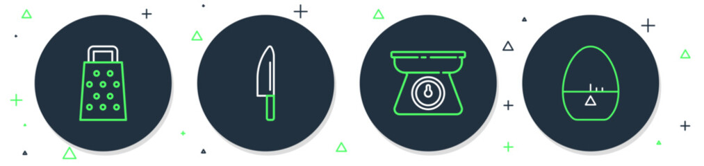 Set line Knife, Scales, Grater and Kitchen timer icon. Vector