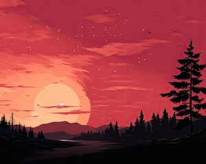 Obraz premium In the distance, a red sky with trees and a star. (Generative AI)