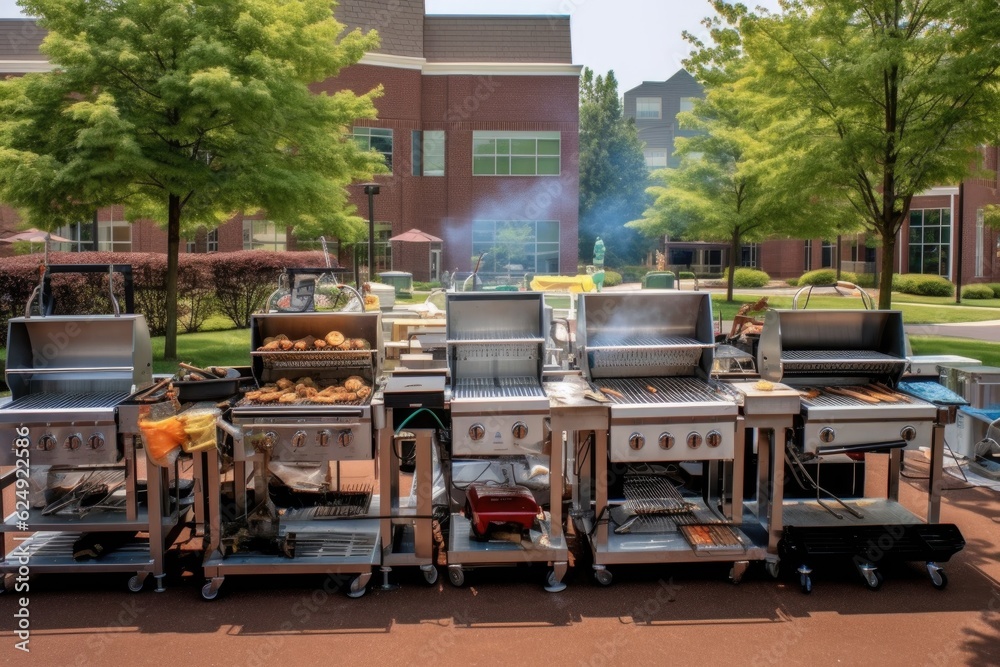 Poster grilling competition setup with multiple bbq grills, created with generative ai