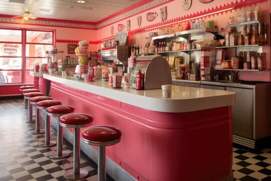 classic soda fountain counter with checkerboard flooring, created with generative ai