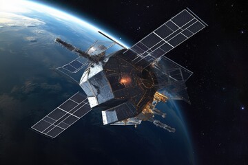 futuristic satellite with solar panels in orbit, created with generative ai