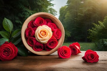 bouquet of roses on a wooden table