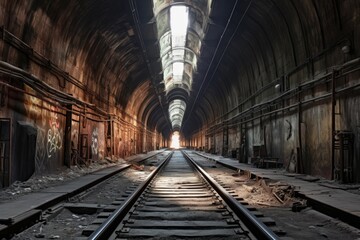 Fototapeta na wymiar eerie perspective of a long, empty subway tunnel, created with generative ai