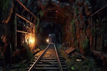 Fototapeta na wymiar dimly lit tunnel with rusted train tracks, created with generative ai