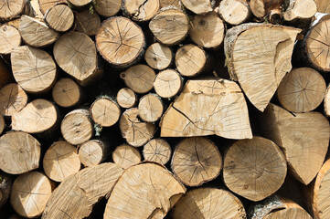 round timber, in the photo wooden logs stacked in stacks close-up