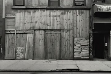 wood-paneled wall with black and white photograph of old street, created with generative ai
