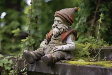 weathered garden gnome missing its head, created with generative ai