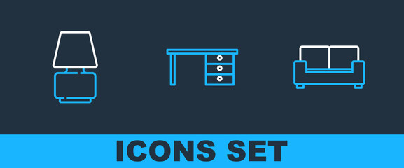 Set line Sofa, Table lamp and Office desk icon. Vector