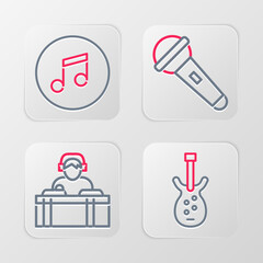 Set line Electric bass guitar, DJ playing music, Microphone and Music note, tone icon. Vector