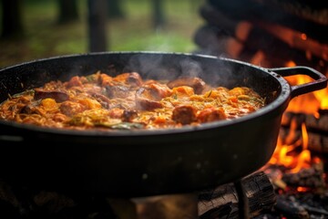 close-up of jambalaya cooking in cast iron pot over open fire, created with generative ai