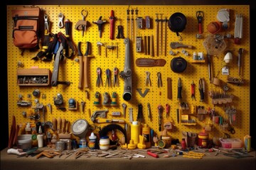 Fototapeta premium neatly arranged tools on a pegboard wall, created with generative ai