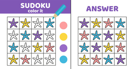 Sudoku. Starfish. Coloring sudoku with sea star. Cartoon