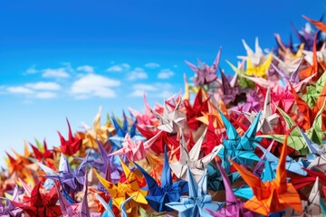 origami cranes in flight against a blue sky background, created with generative ai