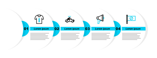 Set line Protest, Megaphone, Police car and flasher and T-shirt protest icon. Vector