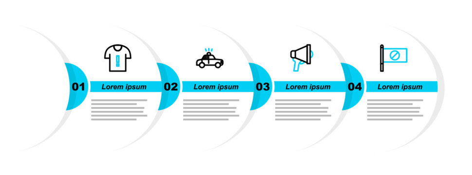 Set line Protest, Megaphone, Police car and flasher and T-shirt protest icon. Vector