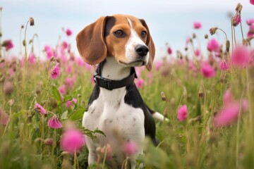 beagle with nose to the ground in a field of flowers, created with generative ai