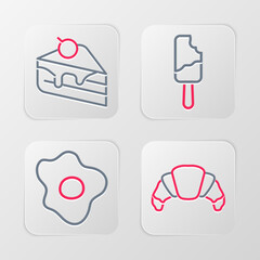 Set line Croissant, Scrambled eggs, Ice cream and Piece of cake icon. Vector