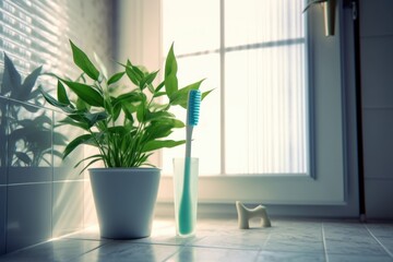 toothbrush and toothpaste with a plant in background, created with generative ai