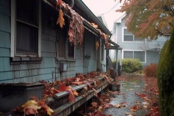 gutter clogged with leaves and debris during rain, created with generative ai