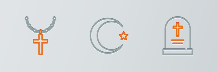 Obraz premium Set line Tombstone with cross, Christian chain and Star and crescent icon. Vector