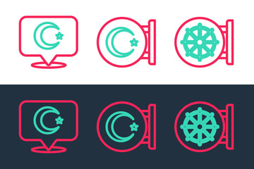 Set line Dharma wheel, Star and crescent and icon. Vector